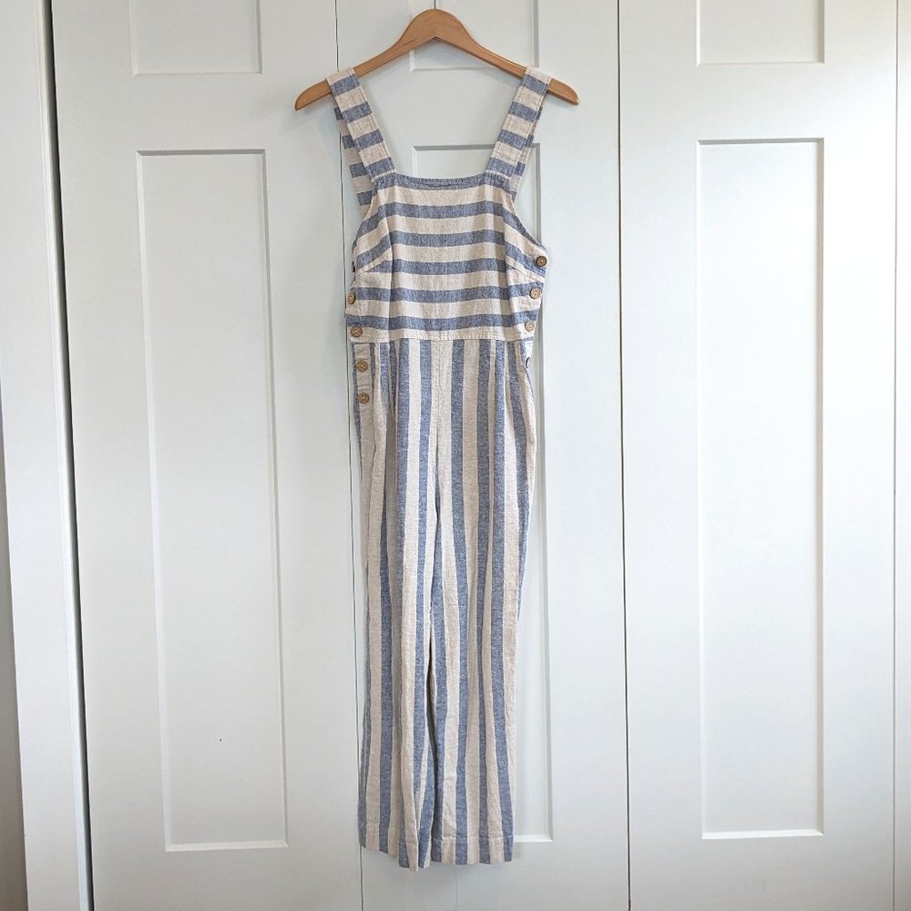 Altar'd State Linen blend blue and cream jumpsuit